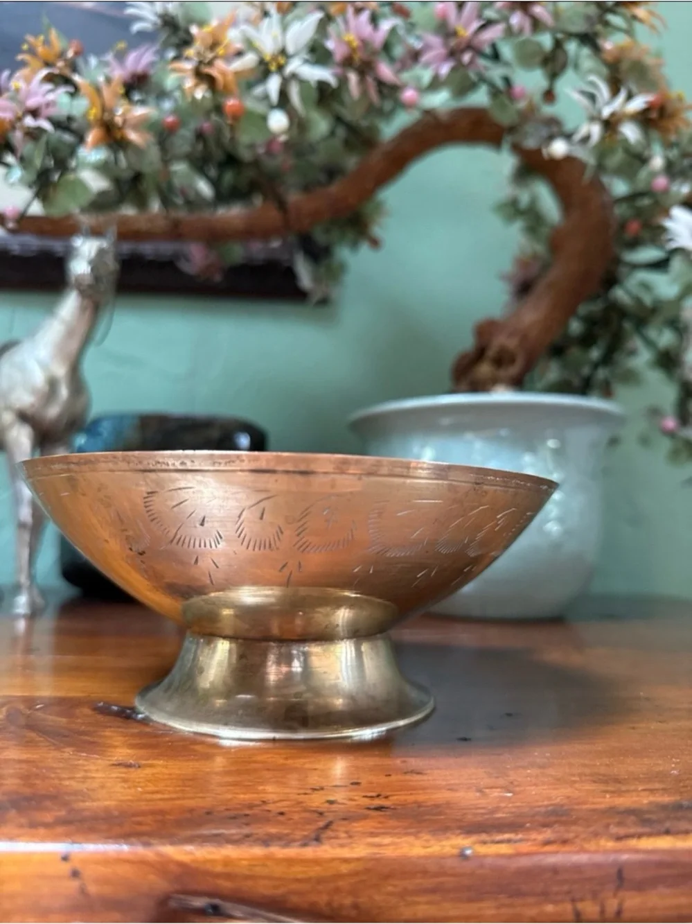 Vintage Etched Brass Pedestal Bowl - Warm Brass Tone